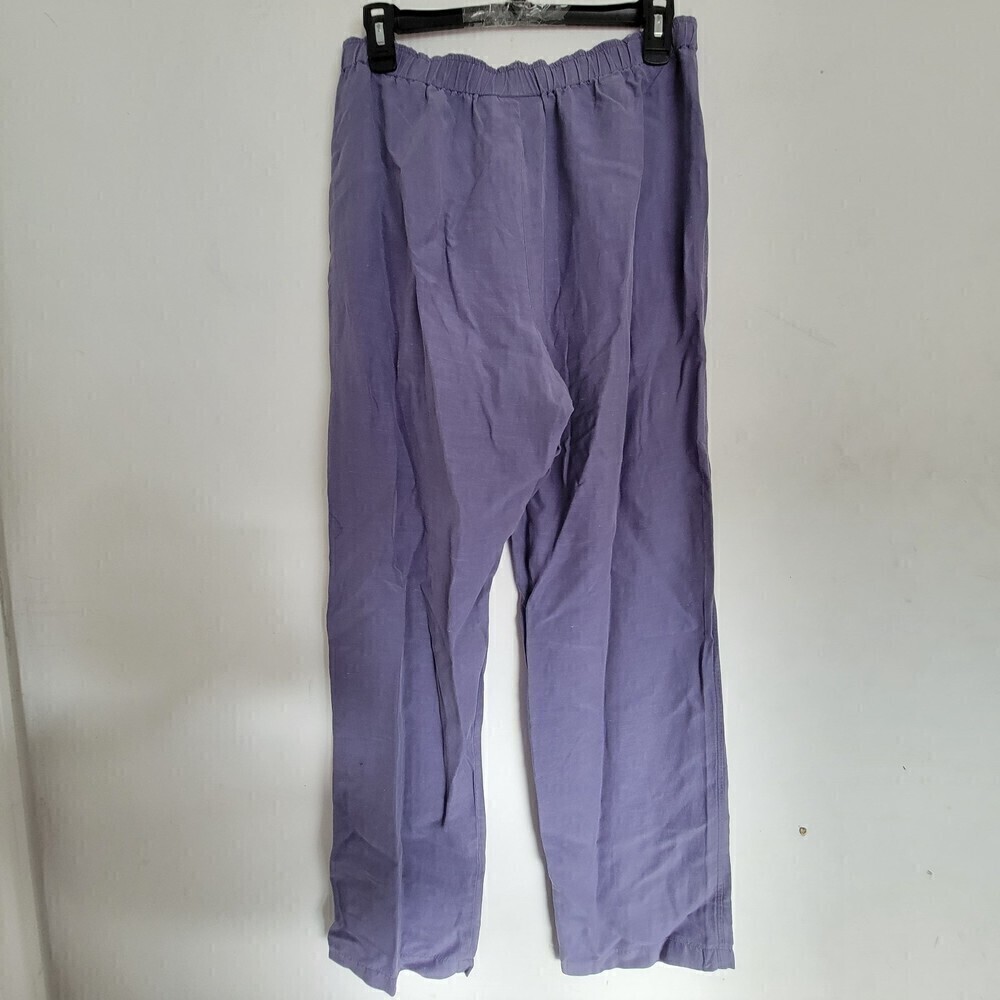 Chico's Design Purple Silk Linen Elastic Waist Pull On Wide Leg Long Pants Med